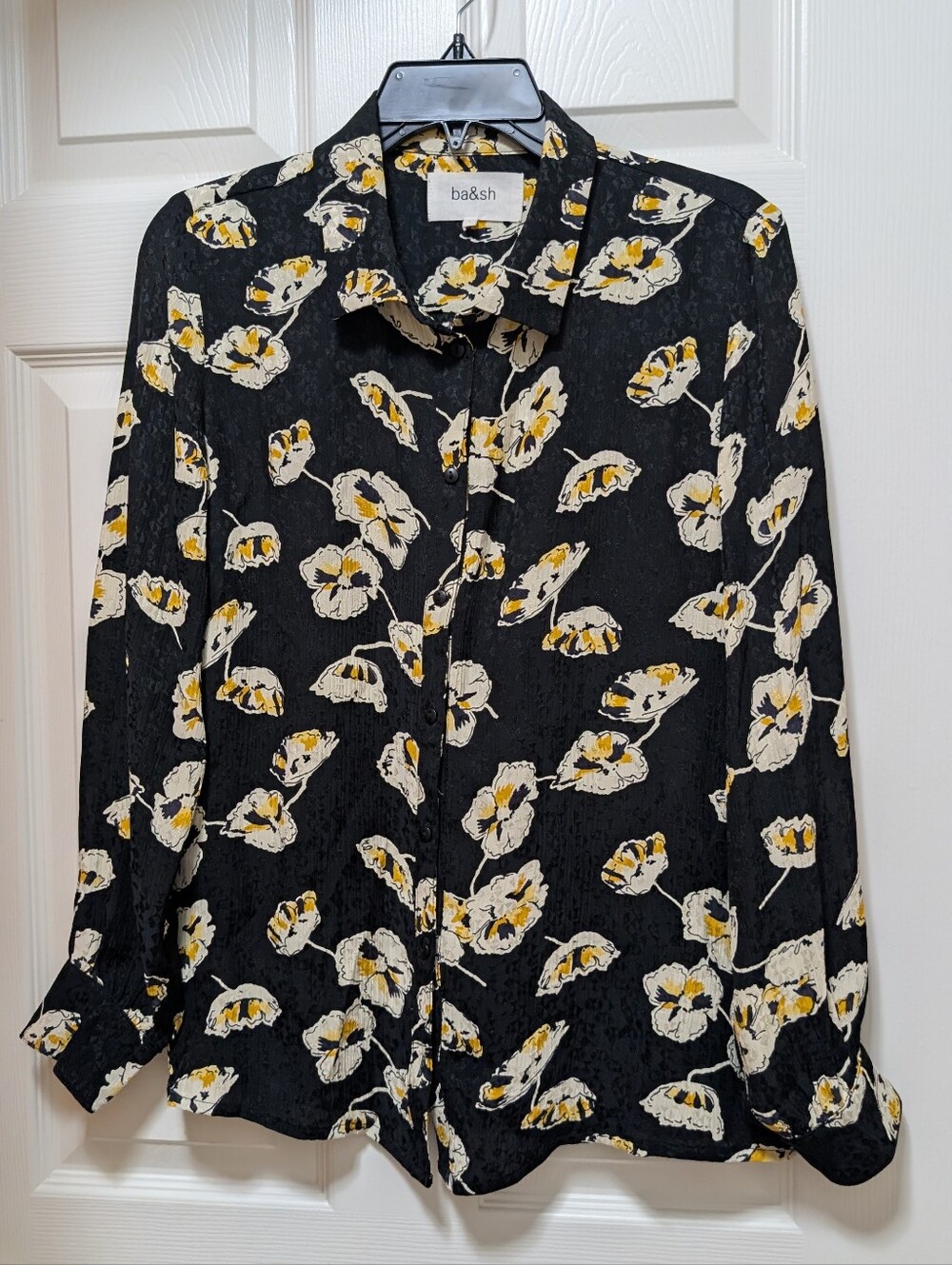 ba&sh Floral Print Button Up Lady Shirt Black & Yellow Size Small 1